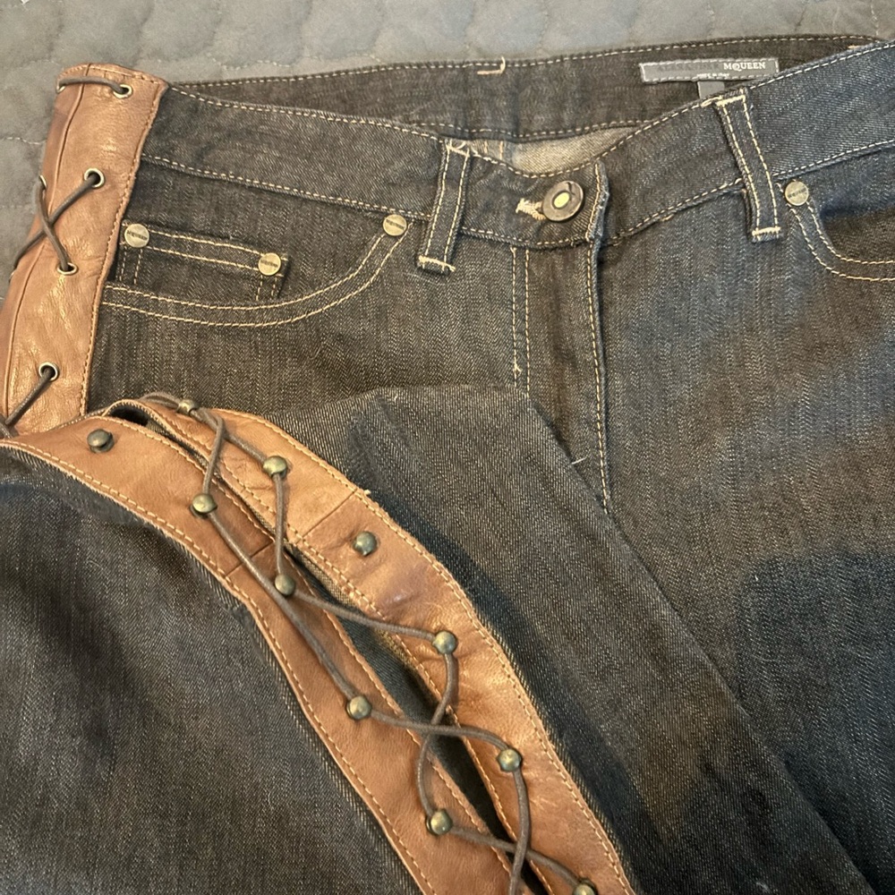 ALEXANDER MCQUEEN Vintage Denim Jeans w/ Leather Lace Up Sides 2002 Fall Runway
